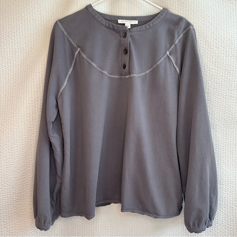 PURE JILL Gray Organic Cotton Henley Long Sleeve Pullover Top Size Medium